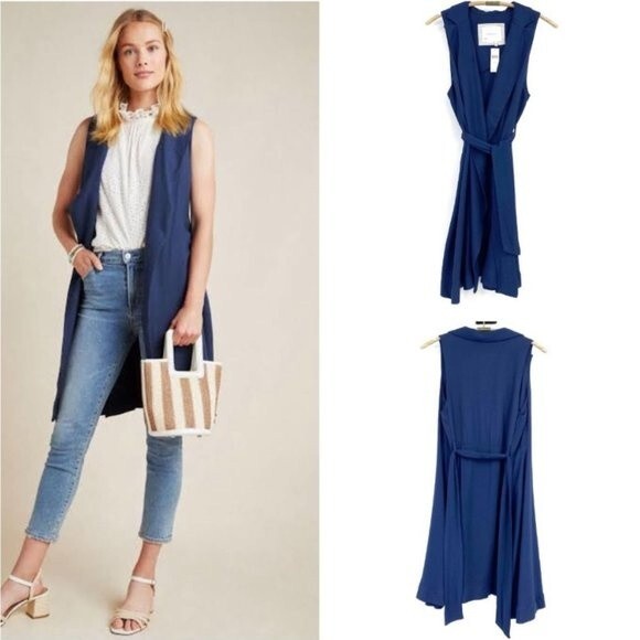 Anthro Chic Navy Blue Linen Blend Longline Vest Sleeveles Minimalist Layering - Picture 1 of 12